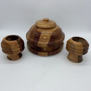 Handmade Wooden Lidded Bowl Goblets‎ Set Turned Mixed Woods Vintage Rustic Decor